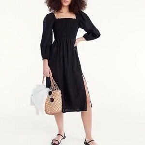 J.CREW Daydream Dress Black Linen Smocked Puff Sleeve Midi Size XS